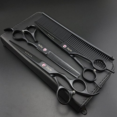 7.0in. Matt black Professional Pet Grooming Scissors set,Straight &amp; Thinning &amp; Curved scissors set with comb,case,oil,A389