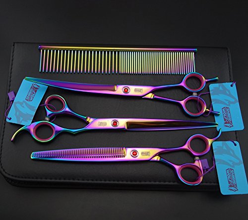 8.0in. Rainbow Professional Pet Grooming Scissors Set,straight &amp; Thinning &amp; Curved Scissors Set with Comb,dog Grooming,a571