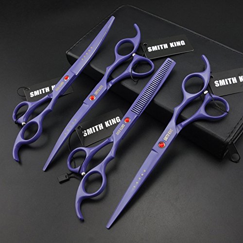 7 inches professional pet grooming scissors set straight scissors &amp; thinning scissors &amp; 2 curved scissors 4 pcs in 1 set with case,oil (purple)