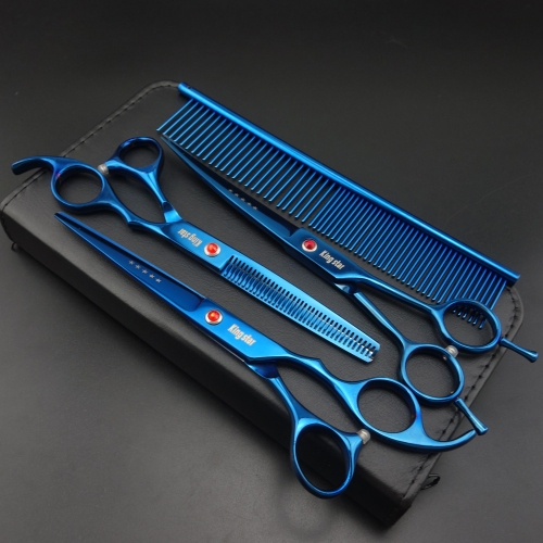 7.0in Titanium Professional Pet Grooming Scissors set,Straight &amp; Thinning &amp; Curved scissors 3pcs set for Dog grooming,A350 (blue)