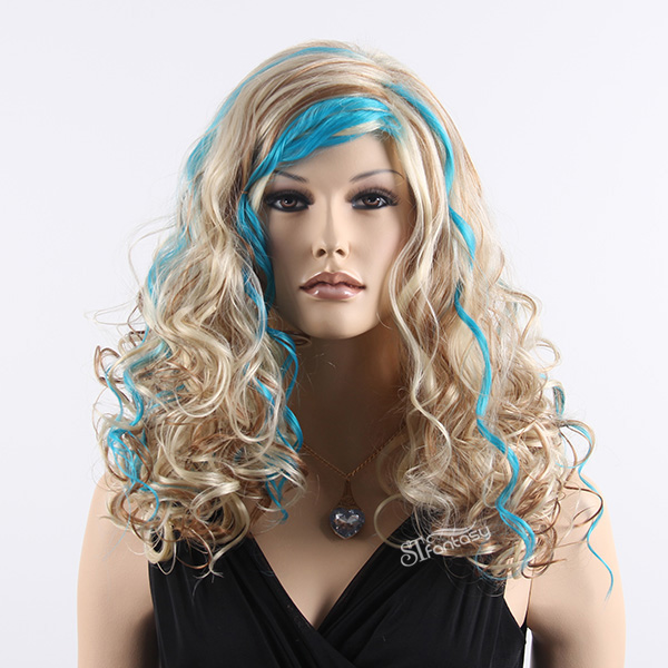 Medium long curly synthetic hair three tone color party wig with blue highlight