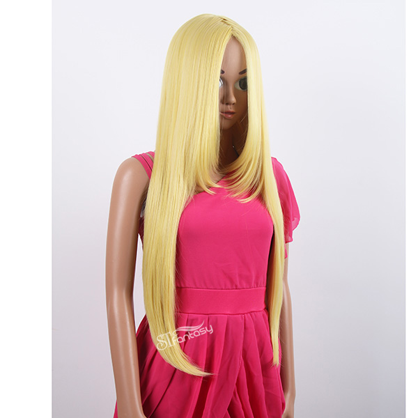 Long straight middel part Jepanese anime cosplay wig yellow color