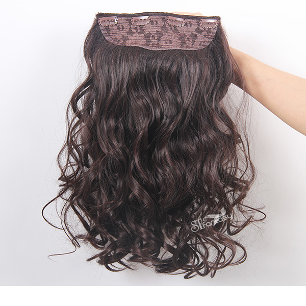 Brown synthetic fiber wavy hair weft one piece clip in hair extension