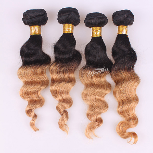 Ombre color remy hair weft curly indian hair extension