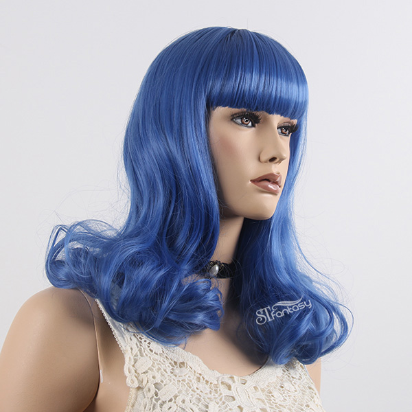 Medium long blue color synthetic hair party wig with neat bang