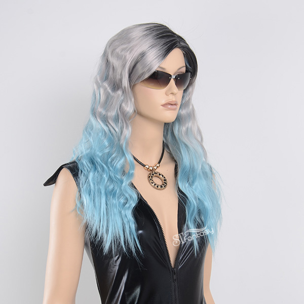 Guangzhou synthetic wig wholesale long curly ombre blue party wig