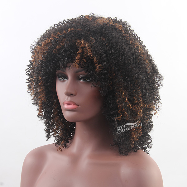 19" Kinky curly afro wig synthetic hair black with yellow highlight