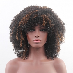 19" Kinky curly afro wig synthetic hair black with yellow highlight