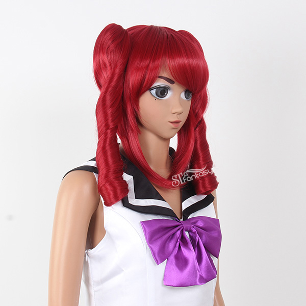 Red curly Japanese anime cosplay wig with two clip on ponytails