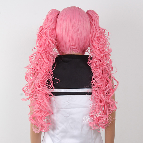 Long curly japanese pink cosplay wigs with a pair of ponytails