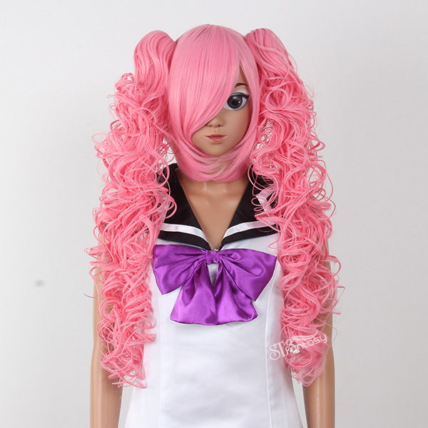 Long curly japanese pink cosplay wigs with a pair of ponytails