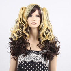 Long curly two tone color clip on ponytail cosplay hair wig