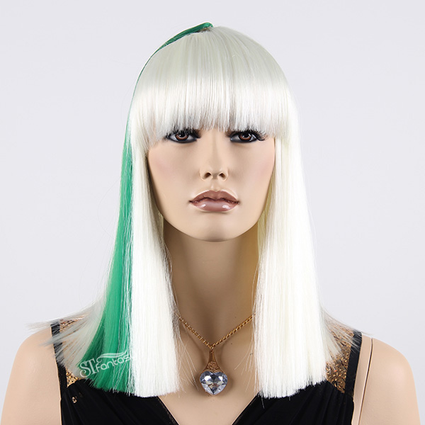 16" straight hair half white half green synthetic wig for party with shoulder length