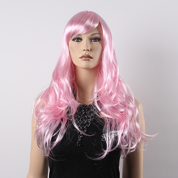 Long curly shiny pink wig with high temperature fiber for party