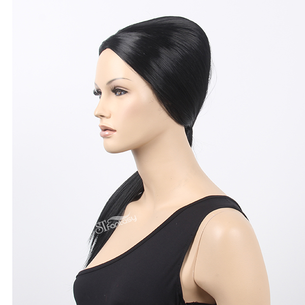 Black straight synthetic hair mannequin wig with ponytail in back