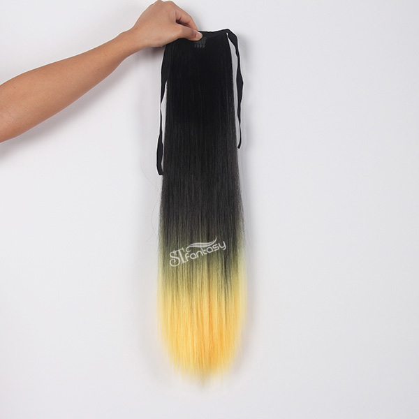 ST wholesale long straight black ombre yellow synthetic hair ponytaile with string