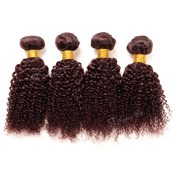 China human hair extension vendor wholesale kinky curly remy human hair weft in burgundy color