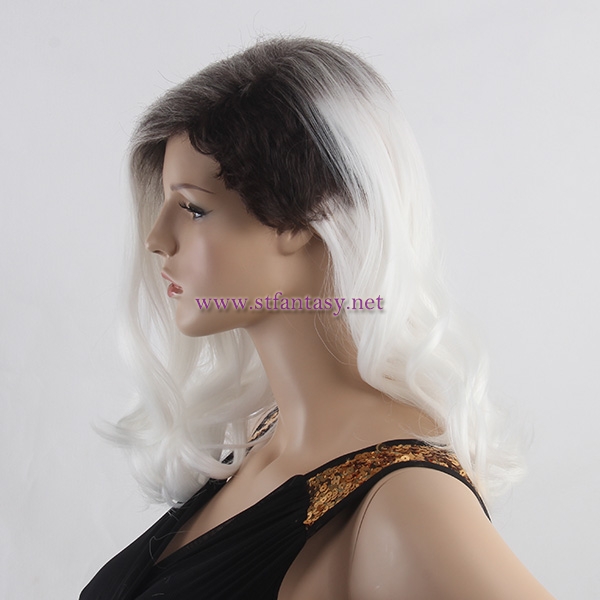 Quality Synthetic Wig Manufacturers China Dark Roots White Curly Long Side Bang Wig For White Women