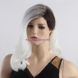 Quality Synthetic Wig Manufacturers China Dark Roots White Curly Long Side Bang Wig For White Women