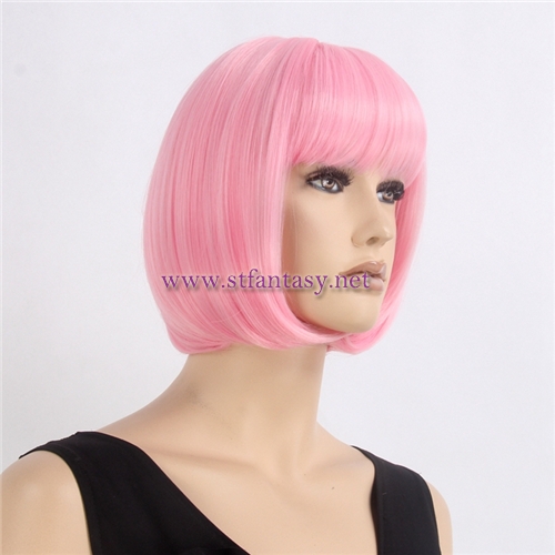 Wholesale Wigs In California Short 12inch Pink Color Cosplay Party Synthetic Bob Women Wig With Bang