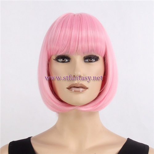 Wholesale Wigs In California Short 12inch Pink Color Cosplay Party Synthetic Bob Women Wig With Bang