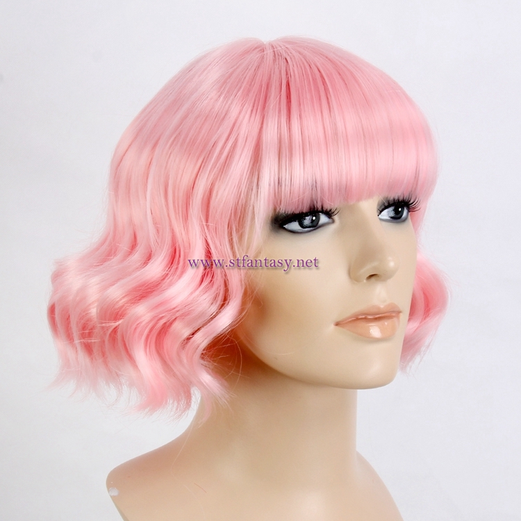 China Wig Factory Wholesale Women Pink Short Curly Wigs With Bangs  For Party