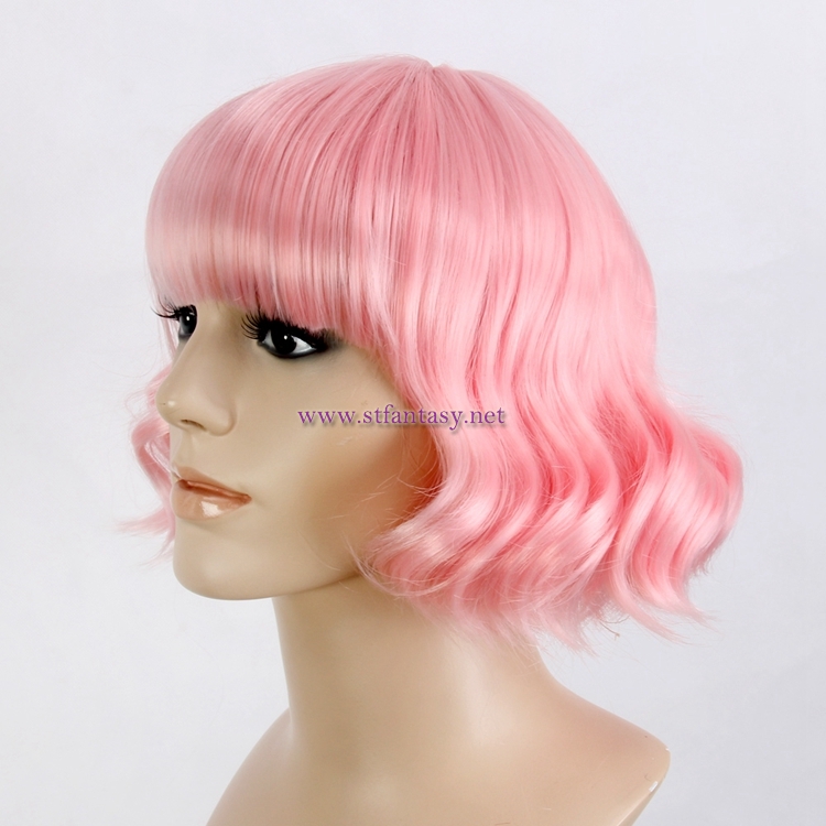 China Wig Factory Wholesale Women Pink Short Curly Wigs With Bangs  For Party