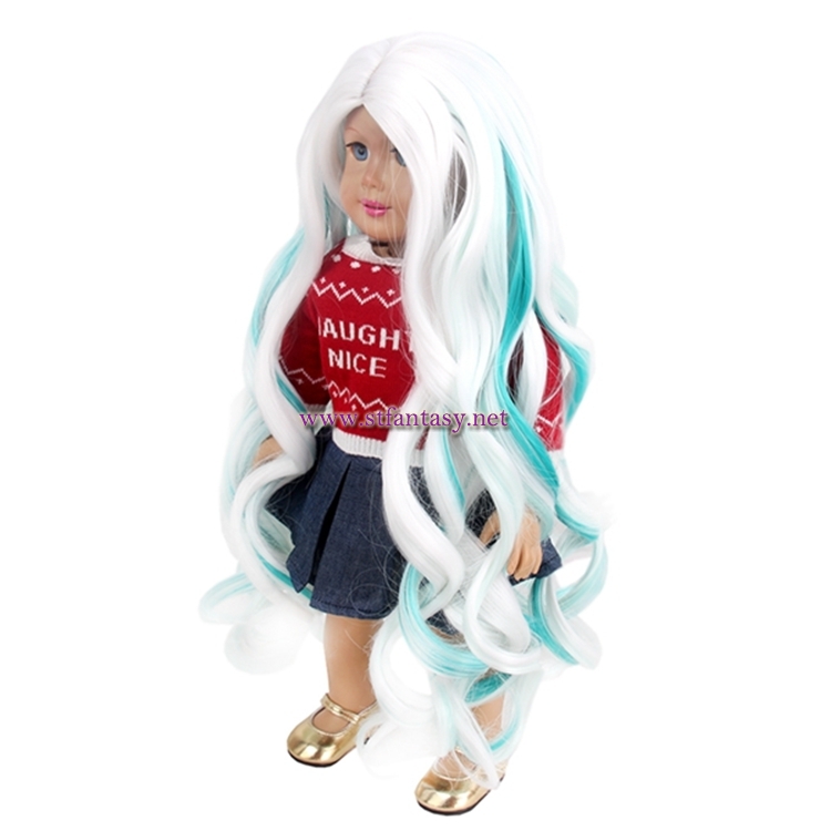 High Quality Synthetic Wigs Doll White Mixed Green Synthetic Hair Long Curly Wig For Doll