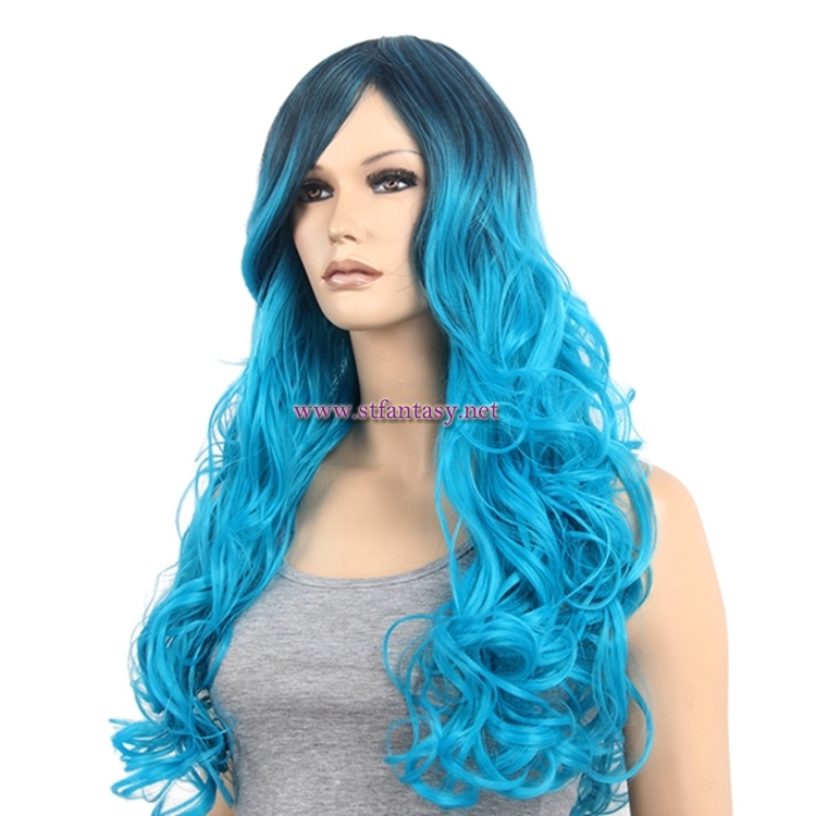 28inch Long Curly Wig Cosplay Blue Synthetic Hair Cheap Wigs With Bangs