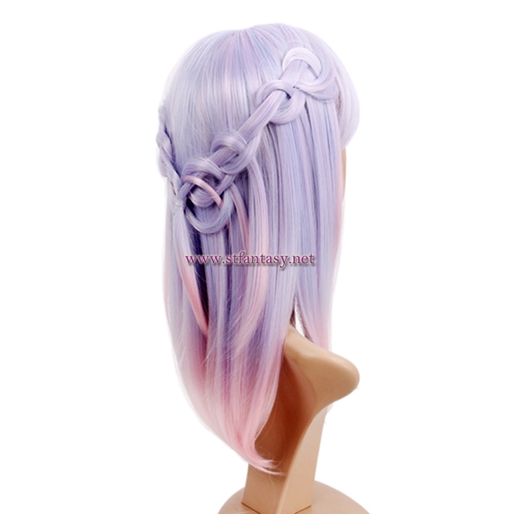 Long Straight Hair Wig With Braids Purple Mixed Pink Synthetic Wig For Cosplay