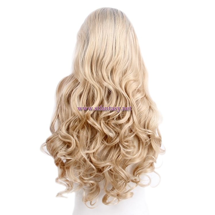 China Manufacturers Wholesale Long Curly Lace Front Wigs Synthetic Blonde Wig With Dark Root