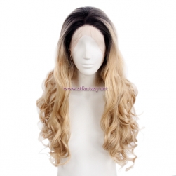 China Manufacturers Wholesale Long Curly Lace Front Wigs Synthetic Blonde Wig With Dark Root