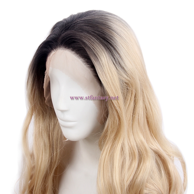 China Manufacturers Wholesale Long Curly Lace Front Wigs Synthetic Blonde Wig With Dark Root