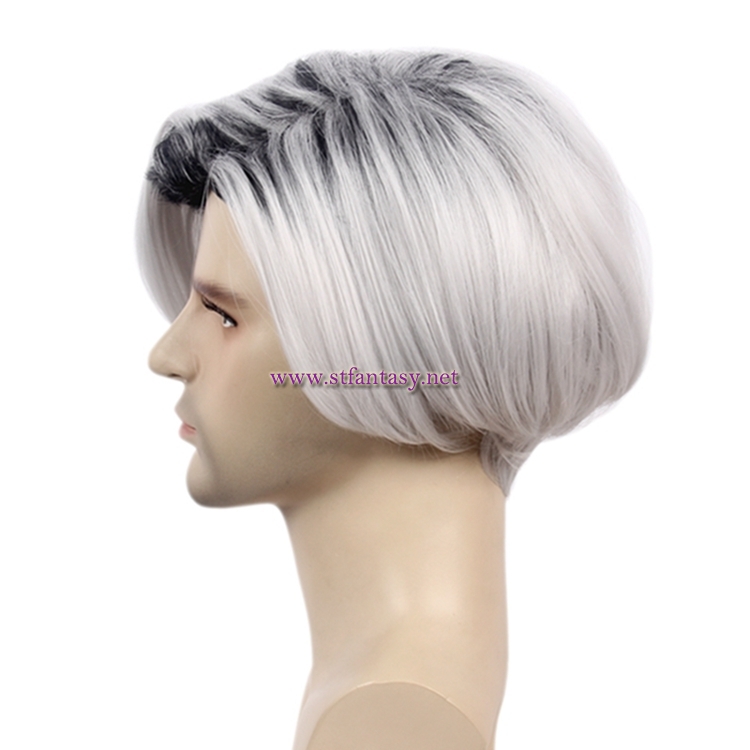 China Wigs For Men Silver Gray Short Straight Synthetic Wig Cosplay