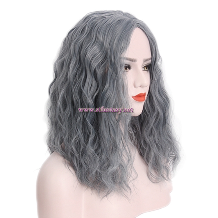 China Synthetic Wigs Manufacturers Fashion Linen Grey Middle-Length Curly Hair Women Wig