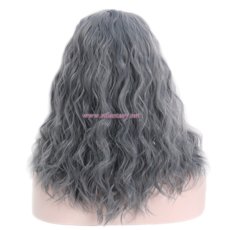 China Synthetic Wigs Manufacturers Fashion Linen Grey Middle-Length Curly Hair Women Wig