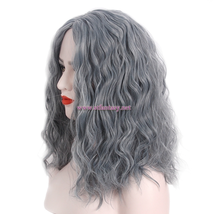 China Synthetic Wigs Manufacturers Fashion Linen Grey Middle-Length Curly Hair Women Wig