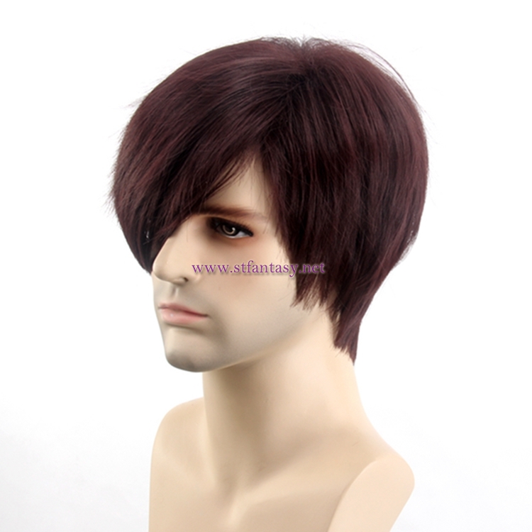 China Men Wig Wholesale Good Quality Synthetic Hair Short Straight Burgundy Wig