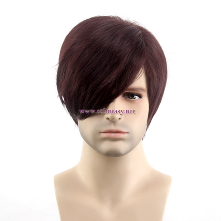 China Men Wig Wholesale Good Quality Synthetic Hair Short Straight Burgundy Wig