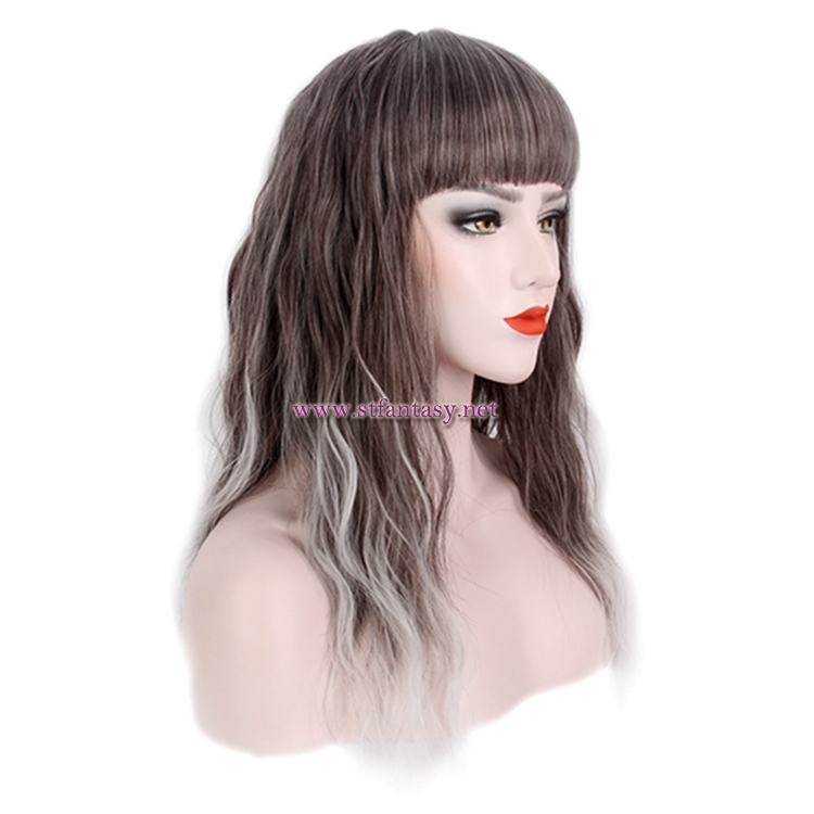 Silver Grey Ombre Wig-Wholesale Synthetic Long Curly Hair Wig With Bangs For Women