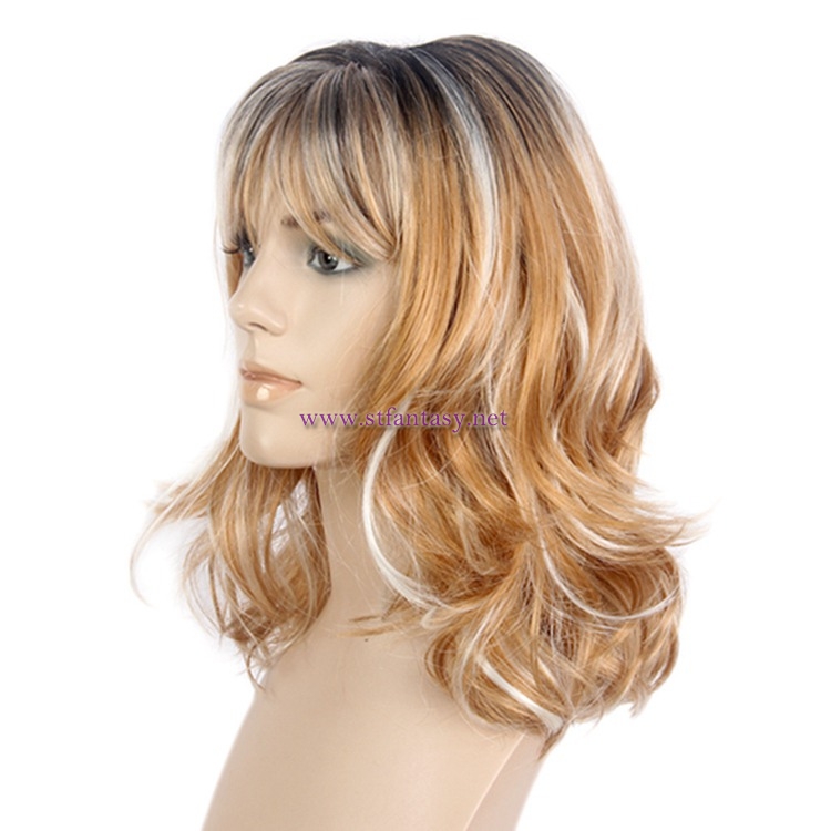 Fashion Women Wig-Wholesale Pretty White Mixed Golden Color Middle Length Curly Wig