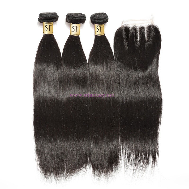 ST Fantasy Straight Peruvian Virgin Human Hair Lace Closure And 4Bundles