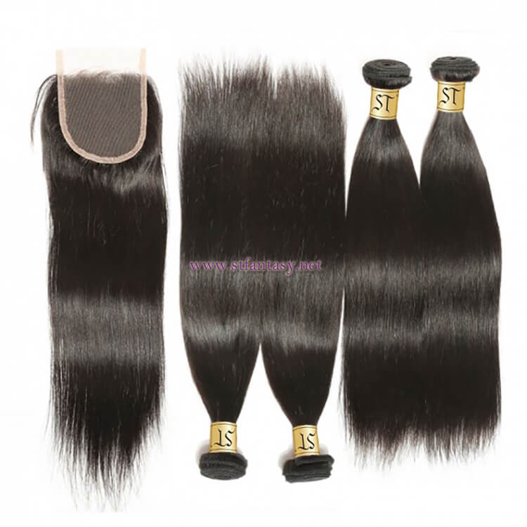 ST Fantasy Straight Peruvian Virgin Human Hair Lace Closure And 4Bundles