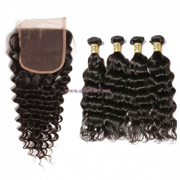 ST Fantasy  Deep Wave Lace Closure with 4 Bundles Virgin Hair