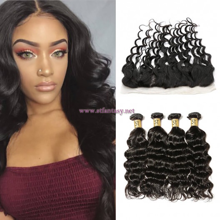 ST Fantasy 13”X4” Free Part Lace Frontal Closure With 4Bundles Natural Wave Virgin Hair