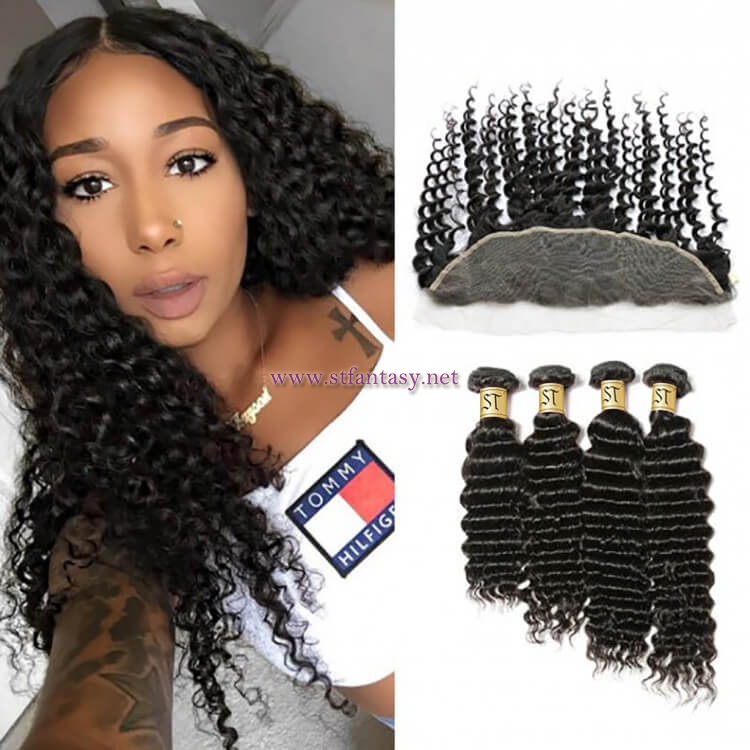 ST Fantasy 12-26 Lace Frontal Closure With 4Bundles Deals Deep Wave Human Hair