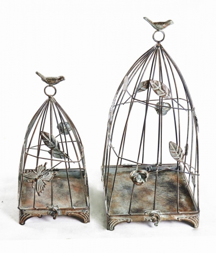 Set of 2 Metal Flower Cage in Antique White finish