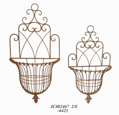 Decorative Rustic Wrought Iron Metal Outdoor Patio. S/2 WALL BASKET