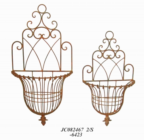 Decorative Rustic Wrought Iron Metal Outdoor Patio. S/2 WALL BASKET