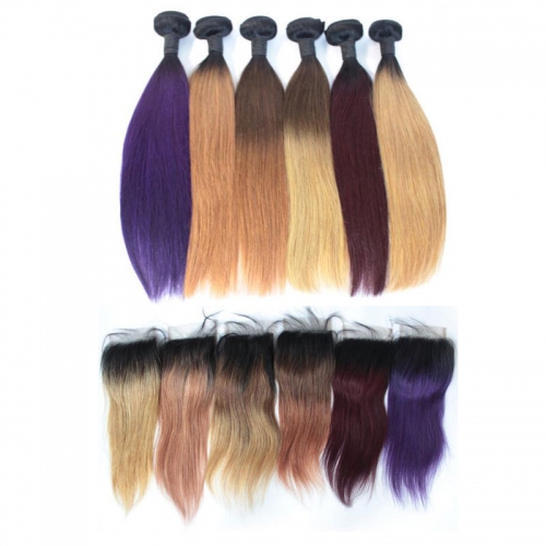 Straight Ombre color hair bundles with closure human hair Brazilian virgin hair